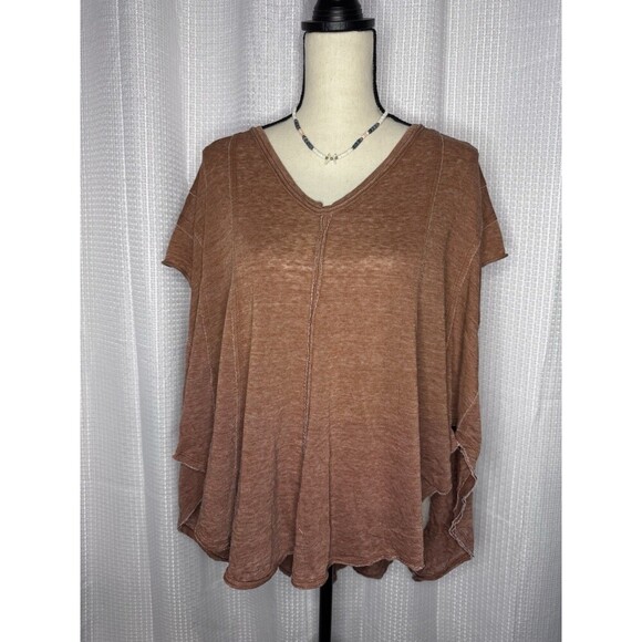 NEW Free People Women’s M Brown Sammie V-Neck Short Sleeve Tunic Top HOBO NWT - Picture 1 of 8